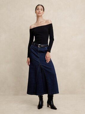 Banana Republic Center Split Classic Midi Skirt Dark Wash 6 #A3576